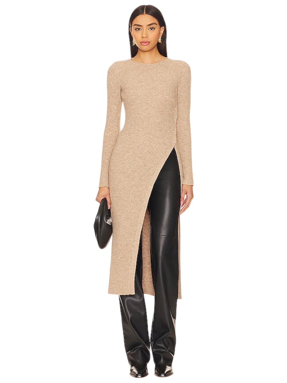 Astr Bray Sweater Ribbed Longline Knit Tunic Top Taupe Sz M $148 Revolve NEW